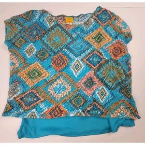Ruby Rd Colorful Southwestern Top Cap Sleeves Lined Mesh Womens XL